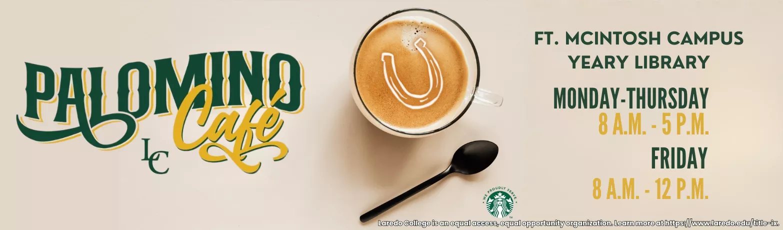 Palomino Cafe soft opening announcement with coffee cup image and library hours for Yeary Library